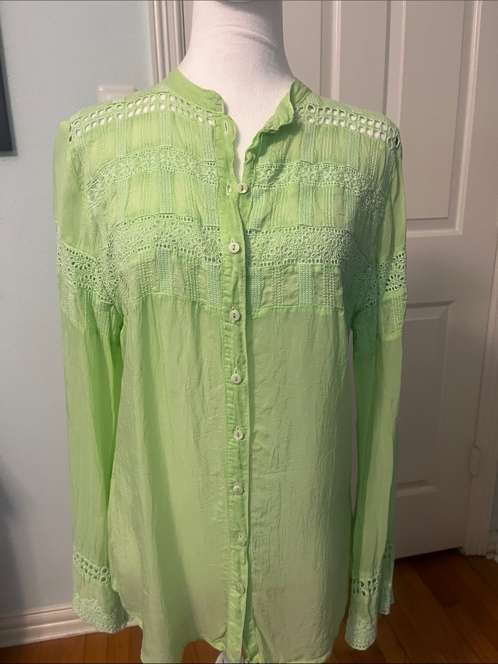 Johnny Was Light Green Crochet-Trim Button Down Top